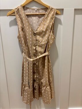 Polka Dot Tan Button-Front Sleeveless Dress